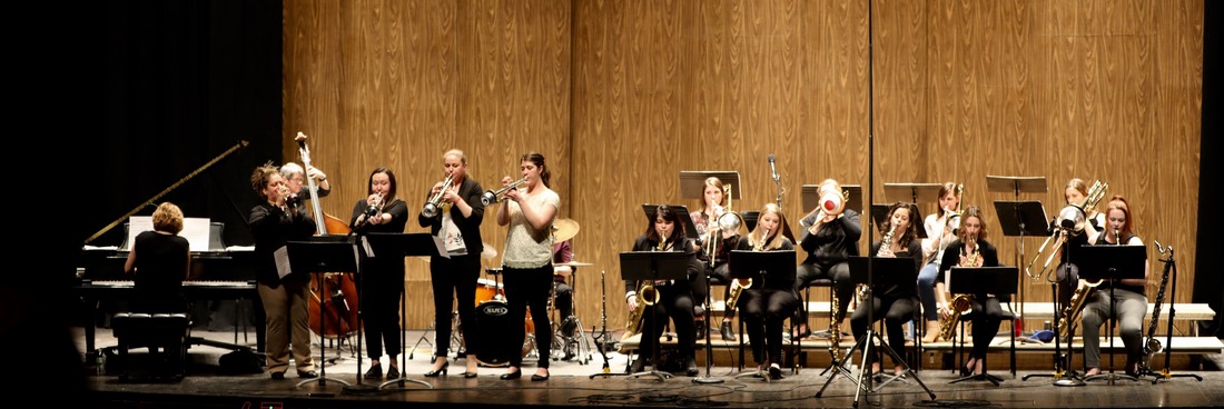 On-stage performance of the Iowa Women's Jazz Orchestra.